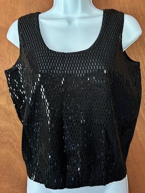 St. John Black Sequined Openwork Top size M knit sleeveless women’s